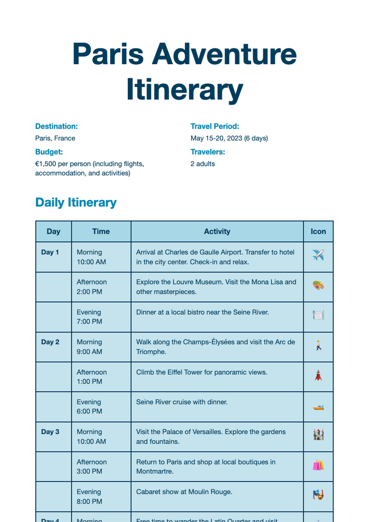 Travel itinerary template with daily schedule and destination details_variant_3